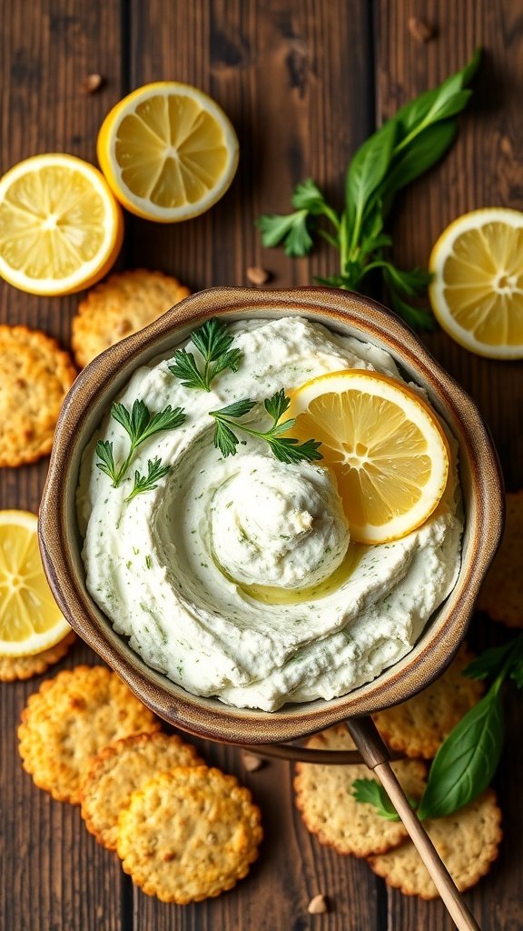 A bowl of lemon herb cottage cheese spread with lemon slices and crackers on a wooden surface.