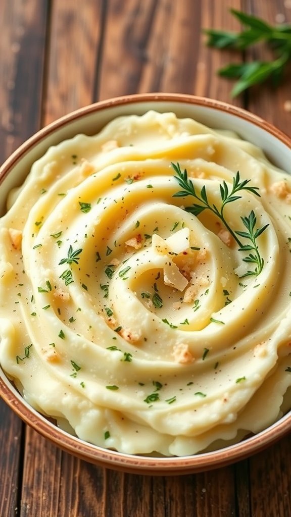 A bowl of creamy garlic parmesan cottage cheese mashed potatoes garnished with herbs.