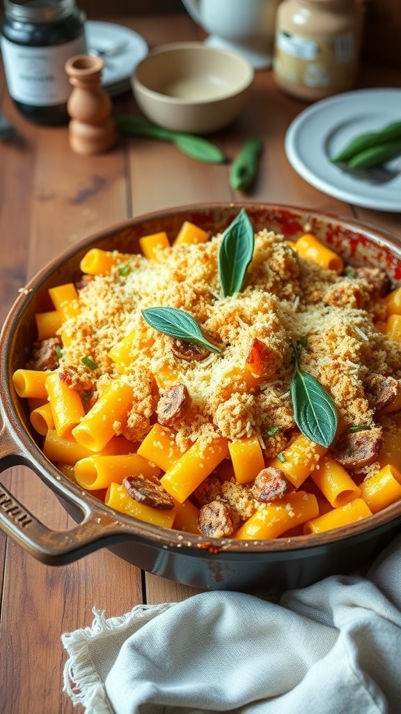 Creamy Butternut Squash Rigatoni Bake Creamy butternut squash rigatoni bake with cheese and breadcrumbs in a rustic dish, garnished with sage.