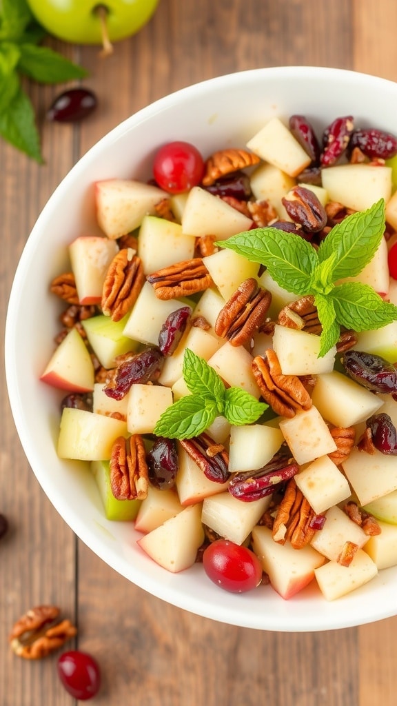 Apple Salad with Grapes, Pecans, and Dried Cranberries A colorful apple salad with apples, grapes, pecans, and cranberries, garnished with mint leaves in a white bowl.