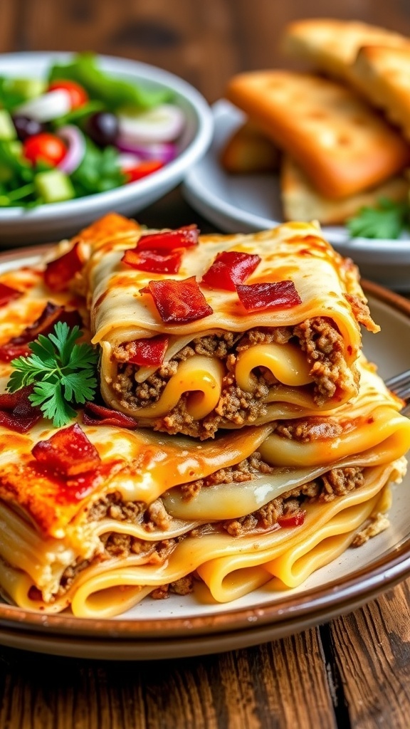 A slice of cheeseburger lasagna with layers of beef, bacon, and cheese, garnished with parsley, on a wooden table with salad and garlic bread.