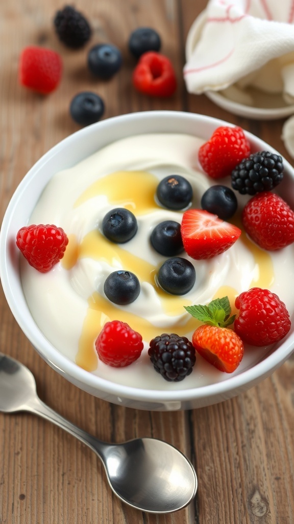 Homemade Stretchy Yogurt Recipe A bowl of stretchy yogurt topped with berries and honey on a wooden table.