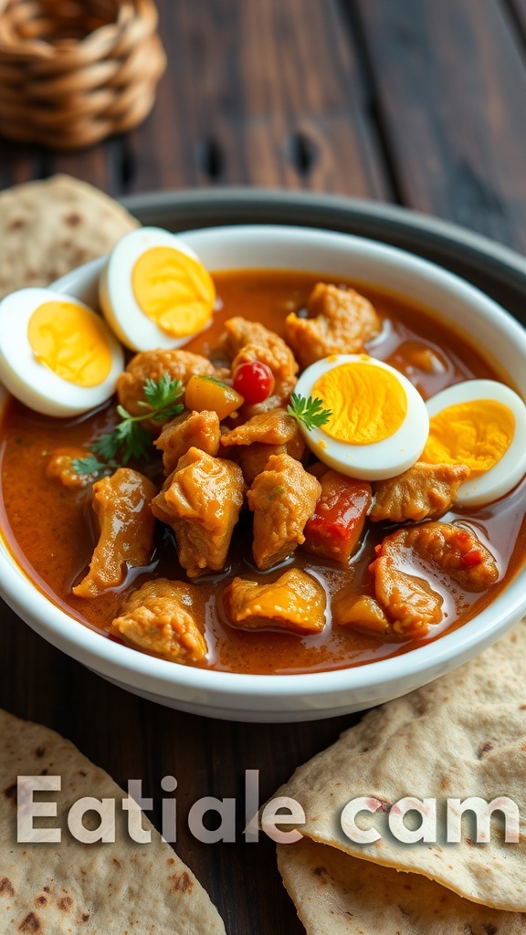 A bowl of Doro Wat with chicken, spicy sauce, and hard-boiled eggs served with injera.