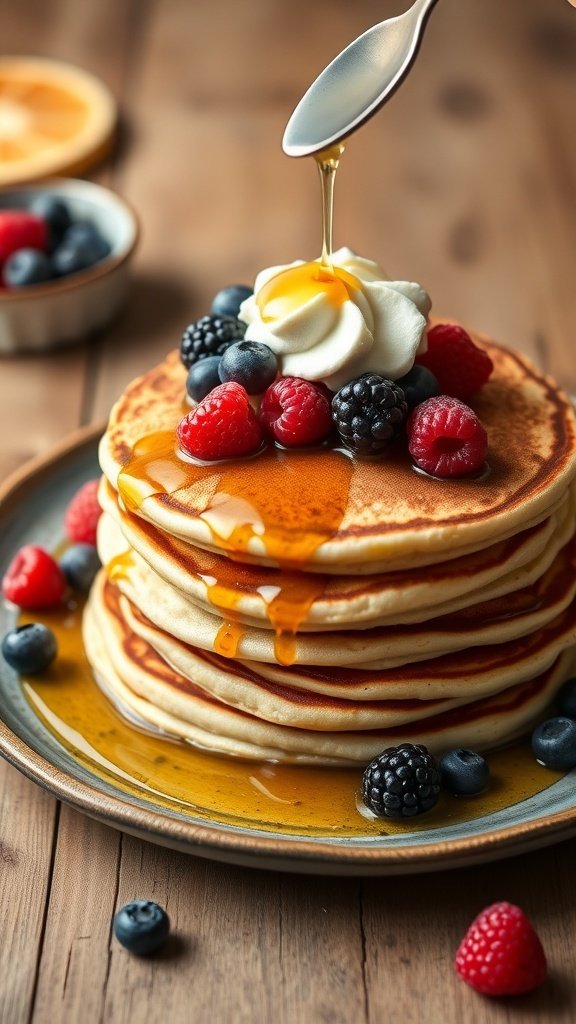 Fluffy pancakes topped with berries and syrup on a wooden table.
