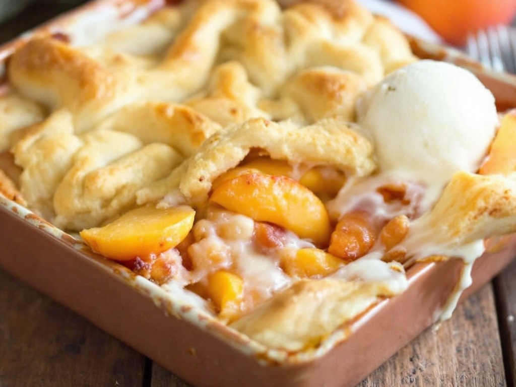 A delicious peach cobbler with a golden crescent roll crust, served warm with a scoop of ice cream.
