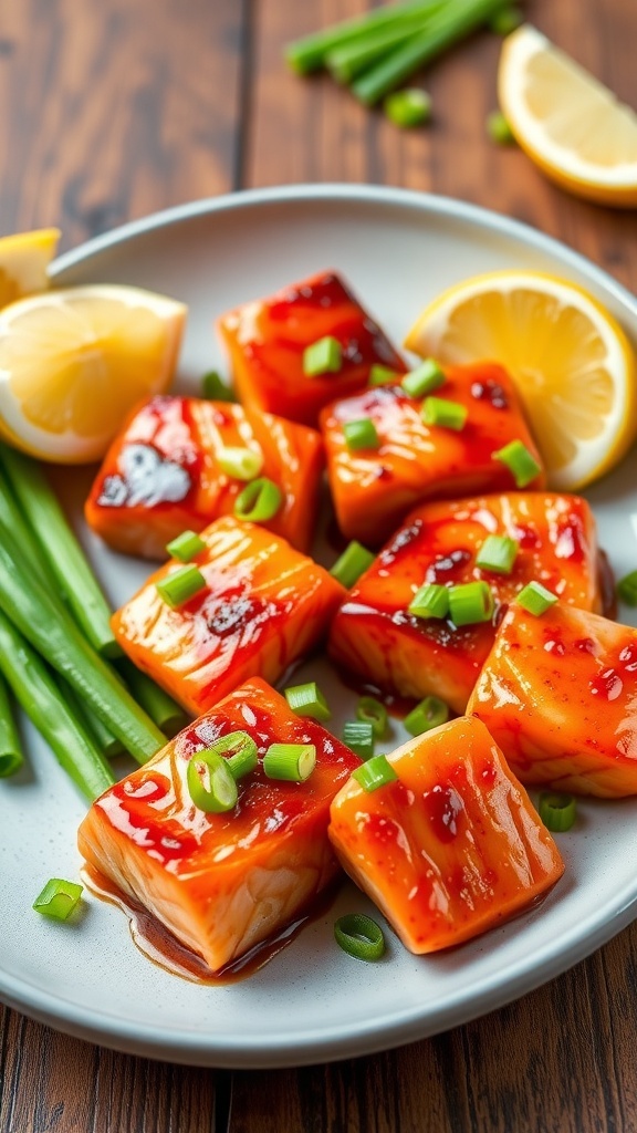 A plate of spicy salmon bites garnished with green onions and lemon wedges.