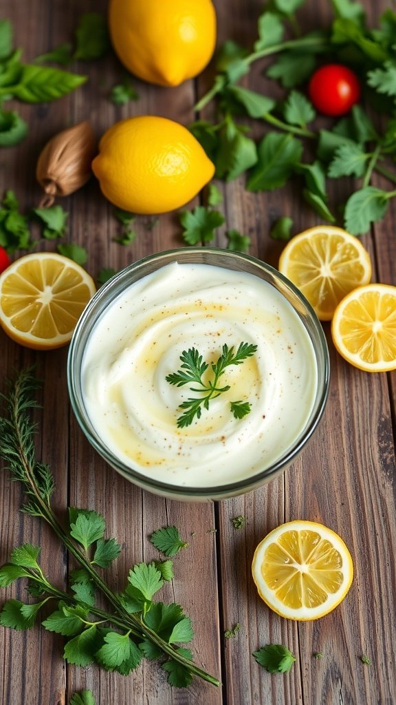 A bowl of creamy cottage cheese dressing surrounded by fresh herbs and lemon slices.