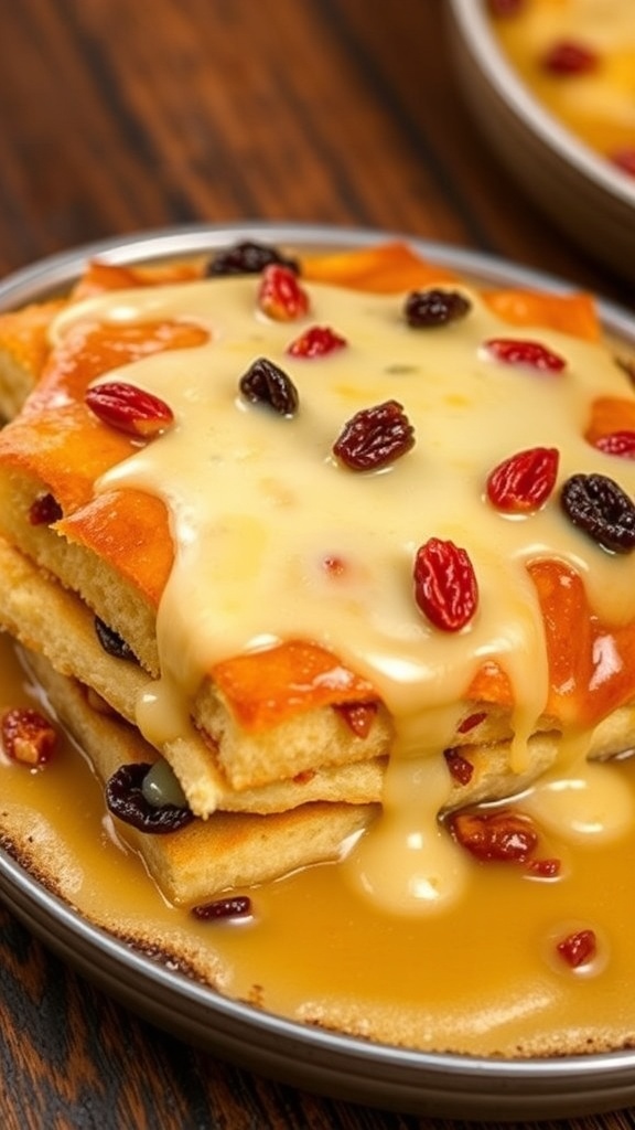 A serving of capirotada, a Mexican bread pudding dessert with layers of bread, raisins, nuts, and cheese, on a rustic table.