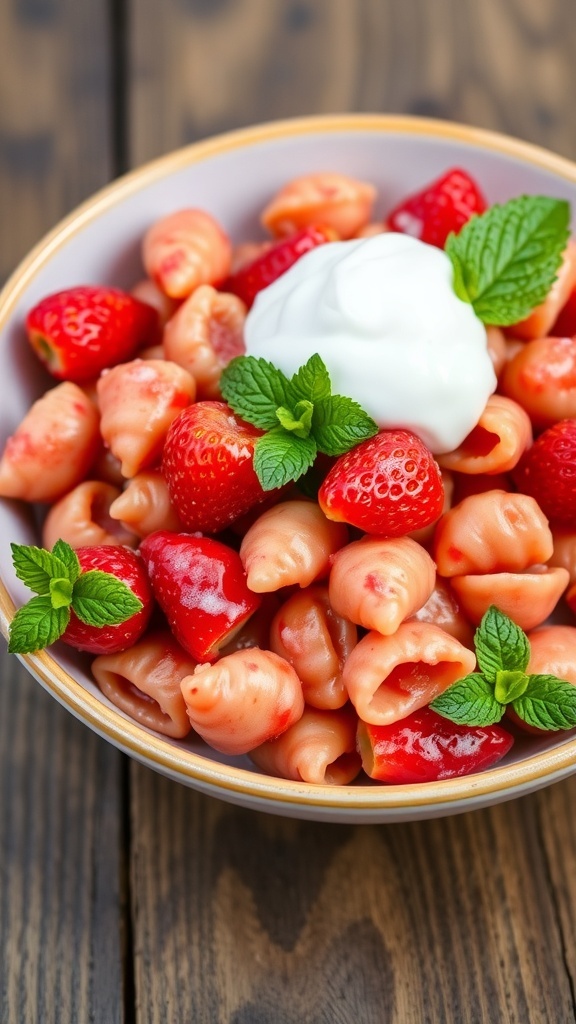 A bowl of sweet pasta with strawberries and yogurt, garnished with mint leaves on a wooden table.