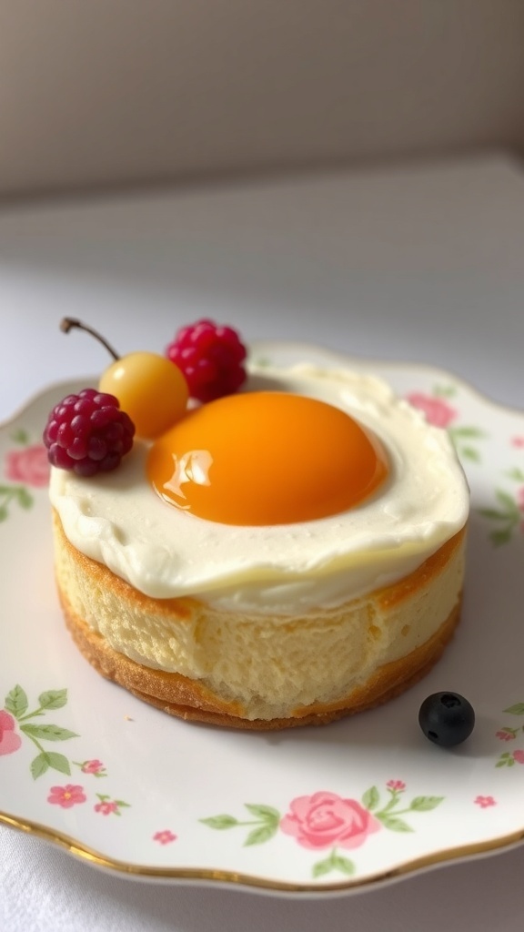 Polish sunny-side-up cheesecake with apricot jam topping, resembling a fried egg, on a decorative plate.