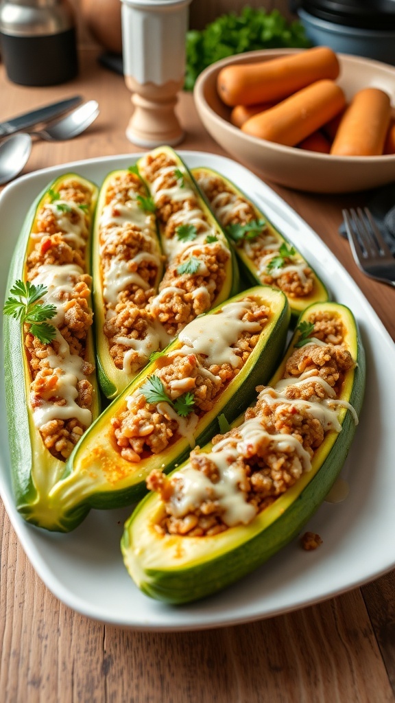 Stuffed baked zucchini with meat and rice, topped with cheese and parsley, on a rustic wooden table.