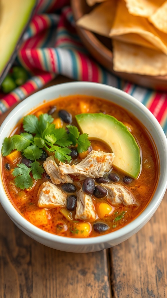 A bowl of spicy Southwest chicken soup with chicken, black beans, corn, garnished with cilantro and avocado, on a rustic table.