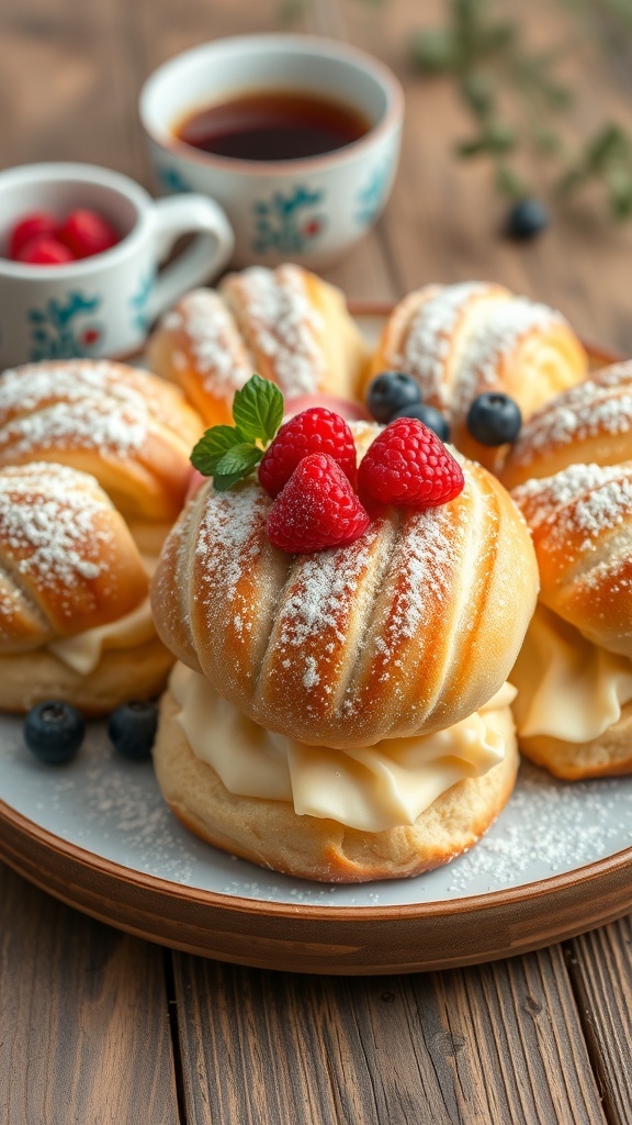 Polish sweet yeast buns with cheese and berries on a wooden table, dusted with powdered sugar.