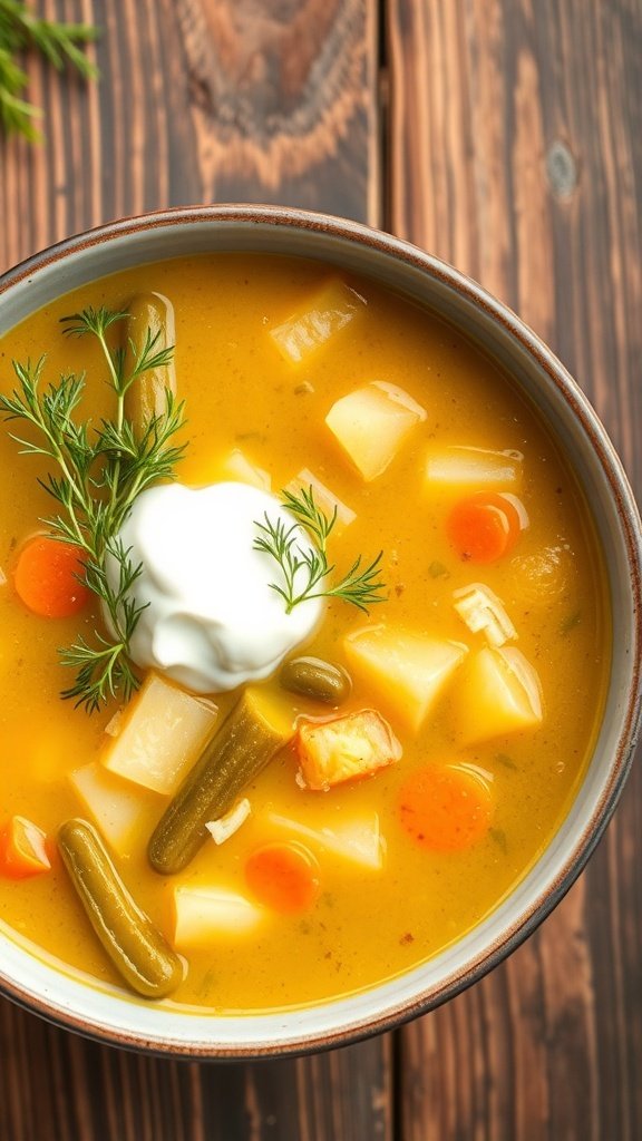 A bowl of zupa ogórkowa with dill pickles, potatoes, and carrots, garnished with sour cream and dill on a rustic table.