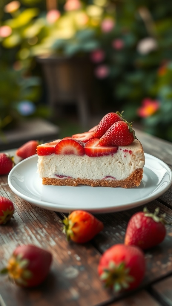 A slice of no-bake strawberry cheesecake with fresh strawberries on top, served on a rustic wooden table.