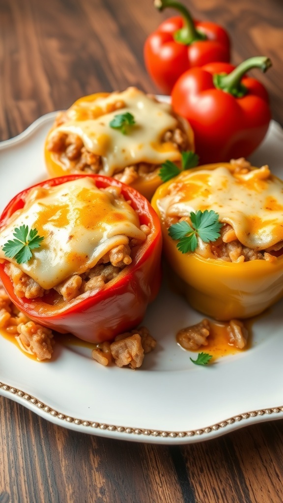 Stuffed bell peppers filled with rice and meat, topped with cheese and garnished with parsley, on a rustic table.