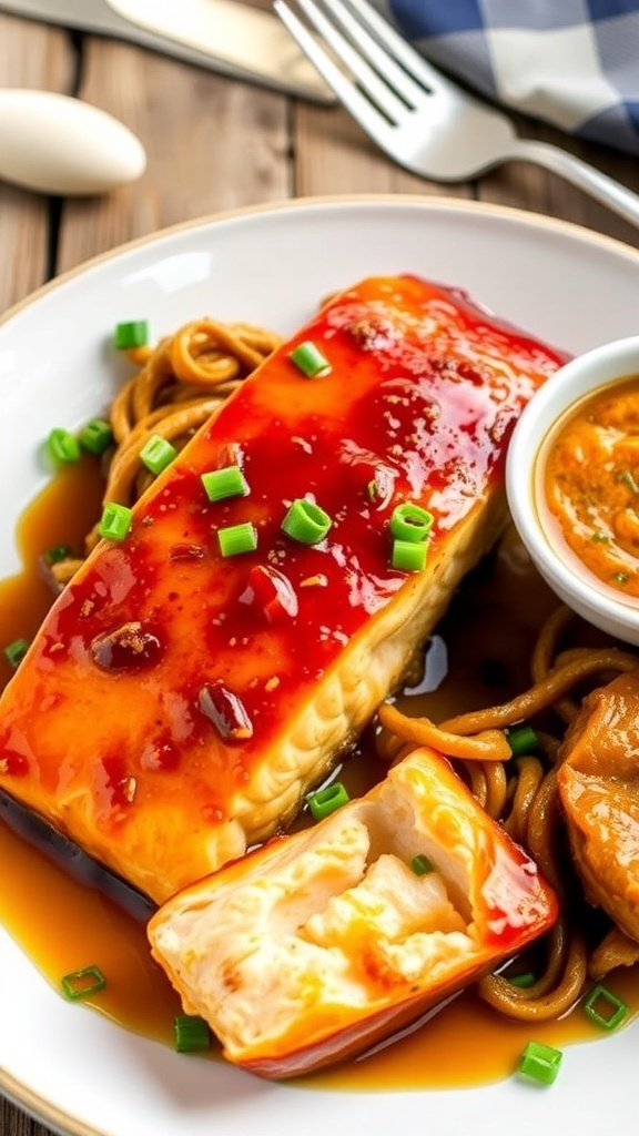 Sticky Honey Butter Salmon with Creamy Chili Dip Sticky honey butter salmon fillets with creamy chili dip and green onion garnish on a rustic table.