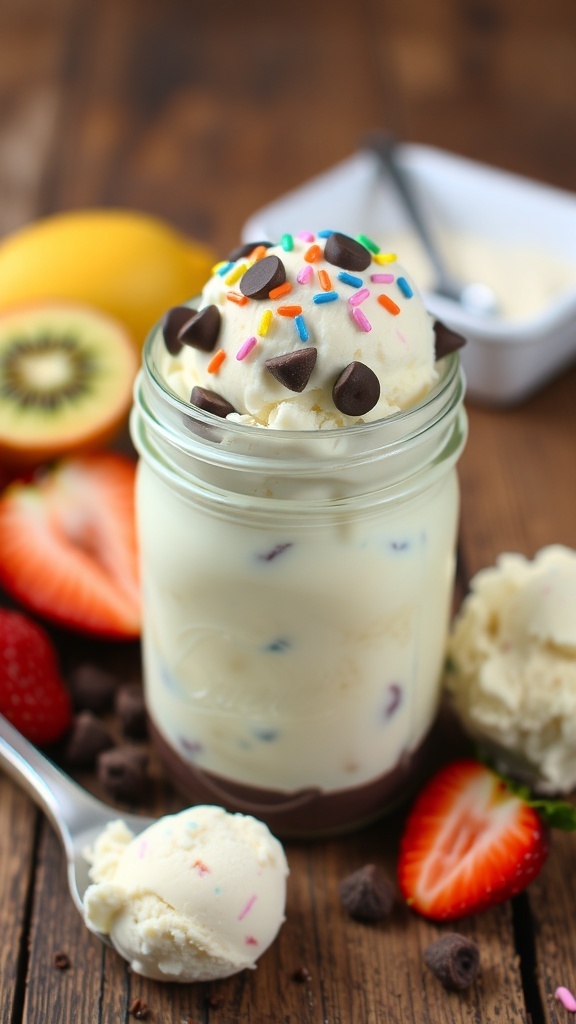 A mason jar of homemade ice cream topped with sprinkles and chocolate chips on a wooden table.