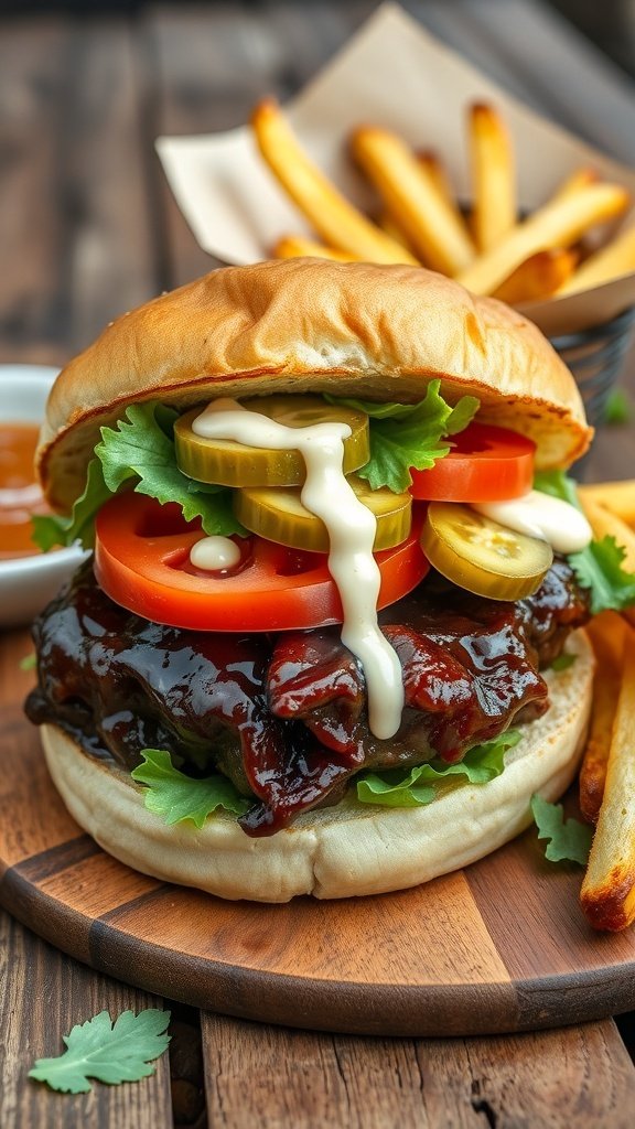 A delicious miso beef burger with lettuce, tomato, and pickles on a toasted bun, served with fries.