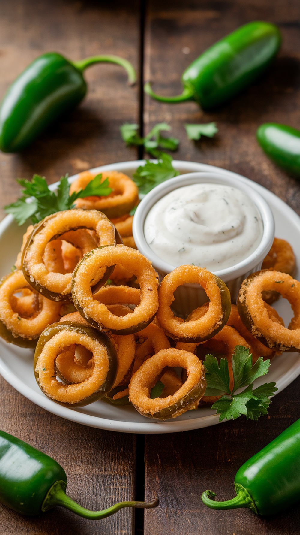 Crispy fried jalapeño rings with ranch sauce on a rustic table.