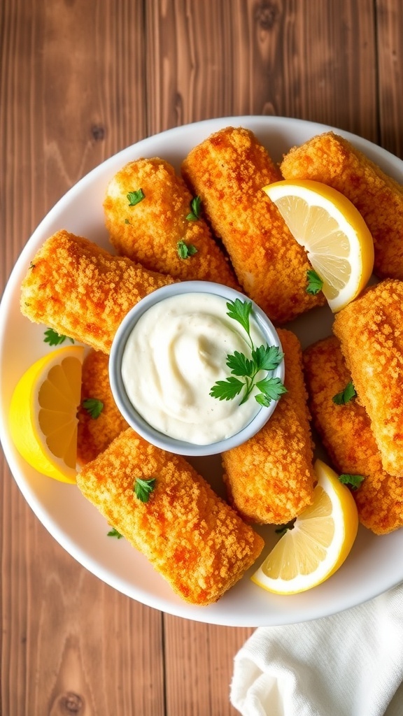 Crispy panko fish sticks on a plate with tartar sauce and lemon wedges.