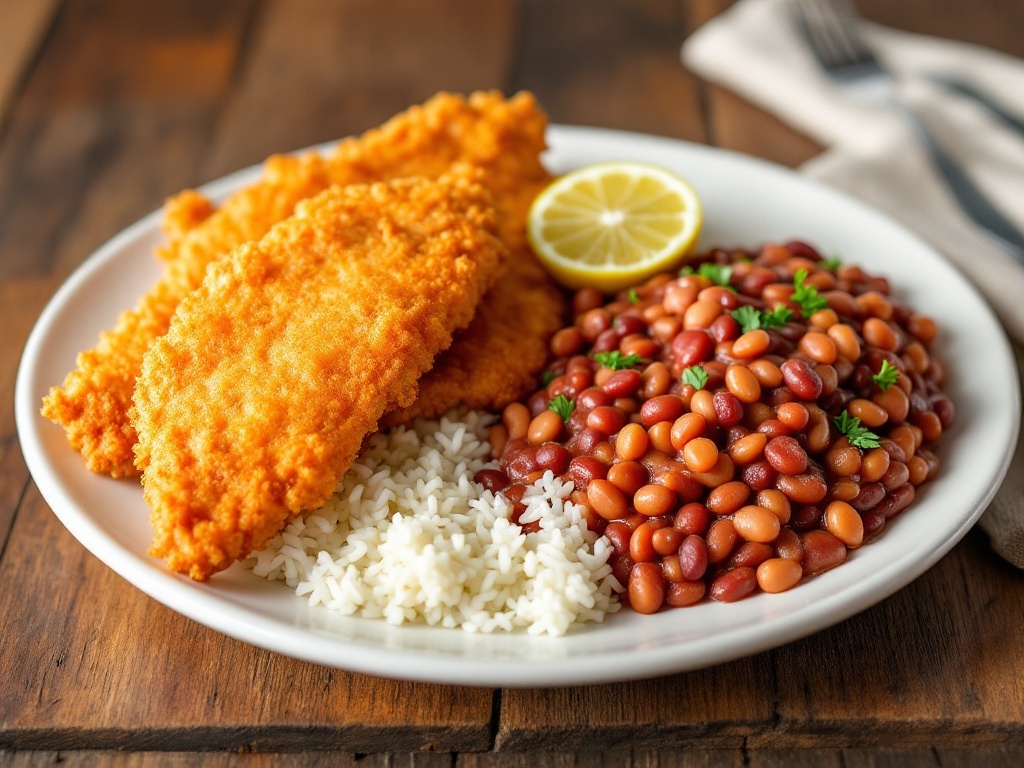 Fried catfish fillets with red beans and rice on a rustic plate, garnished with lemon and herbs.