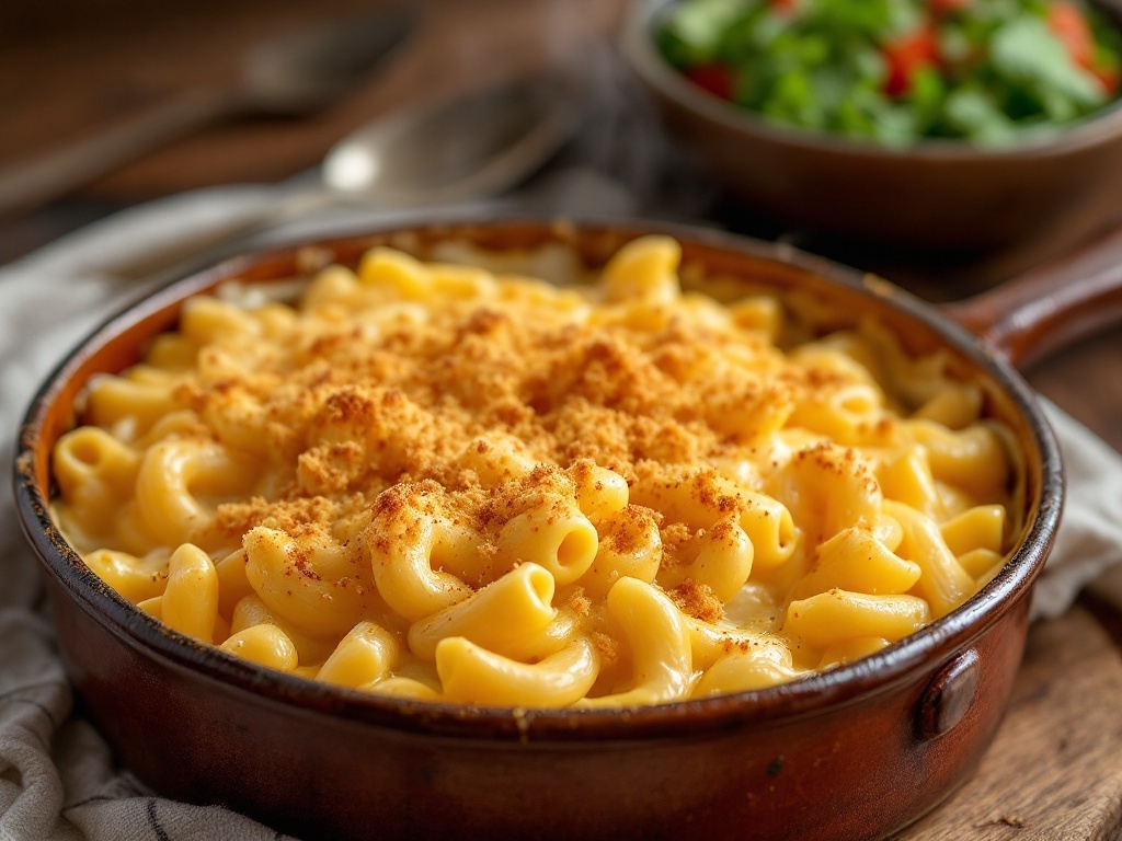 Crispy Baked Mac and Cheese Recipe Baked mac and cheese with crispy breadcrumb topping in a rustic dish, served on a wooden table.