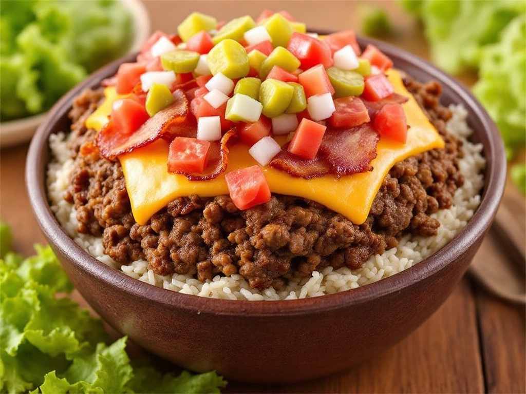 A layered Bacon Cheeseburger Rice Stack with ground beef, bacon, cheese, and rice, garnished with tomatoes and pickles.