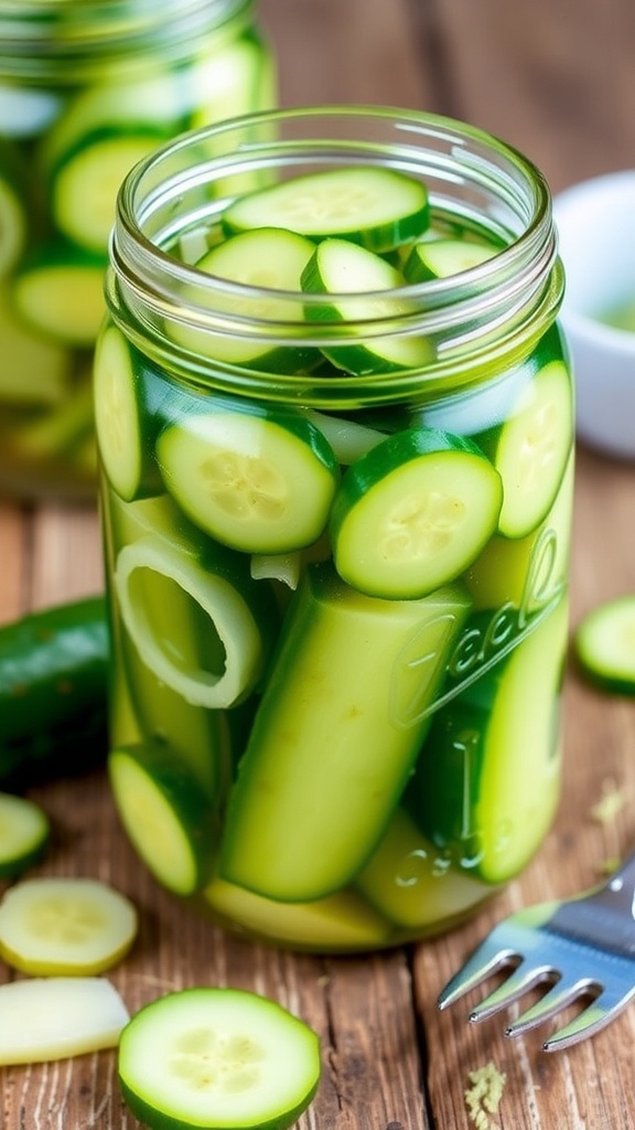 A jar of bread and butter pickles with cucumber slices and onion rings on a wooden table.