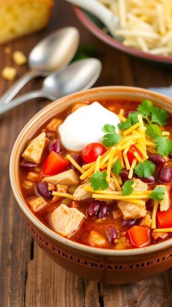 A bowl of spicy chicken chili with beans and tomatoes, garnished with cilantro and sour cream, on a rustic table with cornbread.