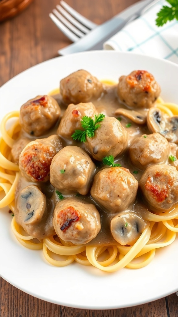 Gourmet meatballs in creamy mushroom sauce served over pasta, garnished with parsley on a rustic table.