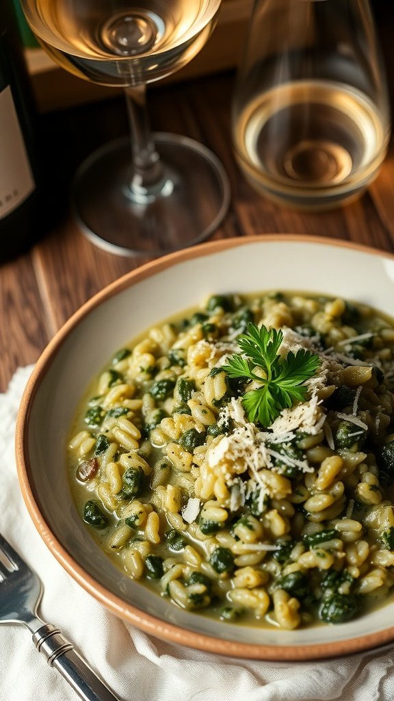 A bowl of Cavolo Nero Risotto with black kale and Parmesan cheese on a wooden table.