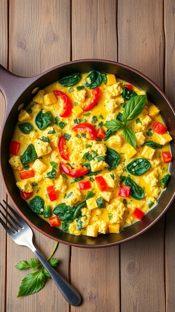 A colorful high-protein cottage cheese scramble with eggs, spinach, and bell peppers in a skillet.