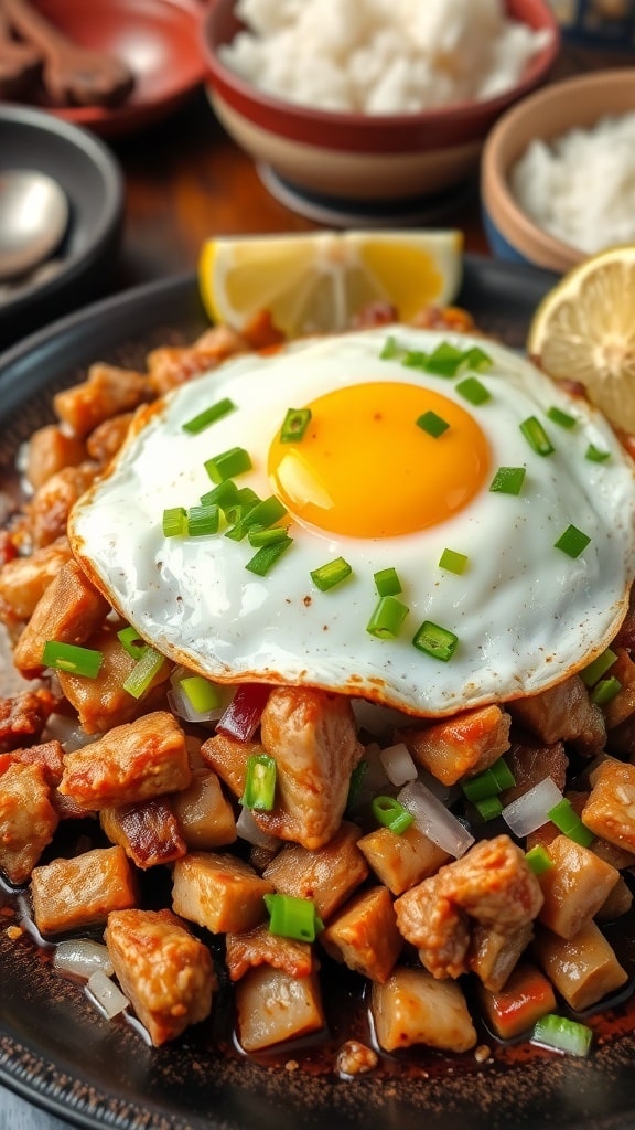 Sizzling pork sisig with crispy pork, topped with a fried egg and served with calamansi on a rustic table.