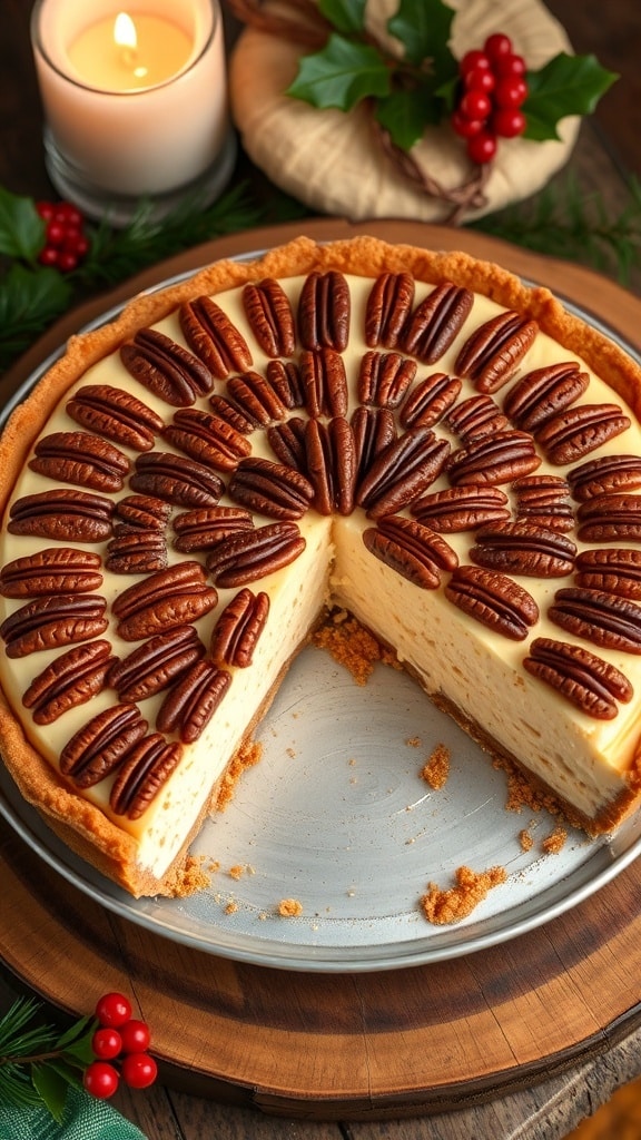 Classic Pecan Cheesecake Pie Recipe A classic pecan cheesecake pie topped with pecans, set on a wooden table with holiday decorations.
