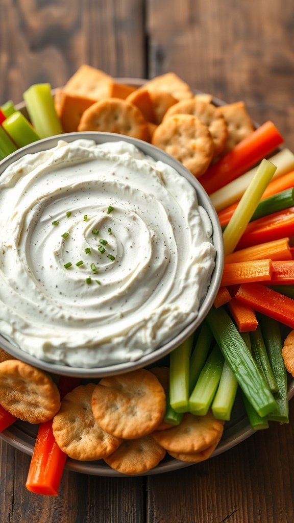 A bowl of cottage cheese and chive dip surrounded by celery, carrots, and crackers.
