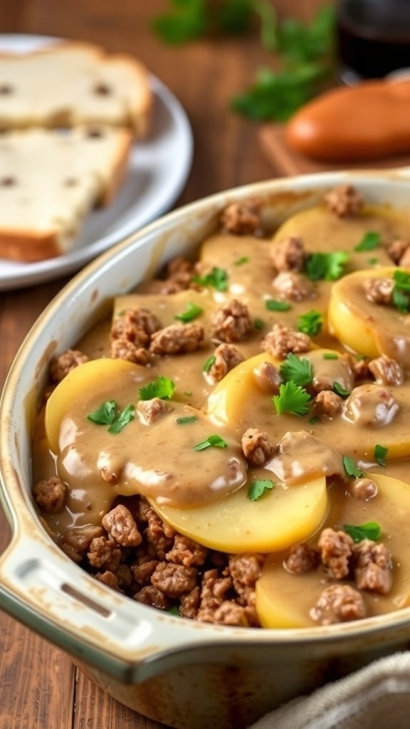 Amish Hamburger Steak Bake with ground beef, potatoes, and gravy in a rustic dish, garnished with parsley.