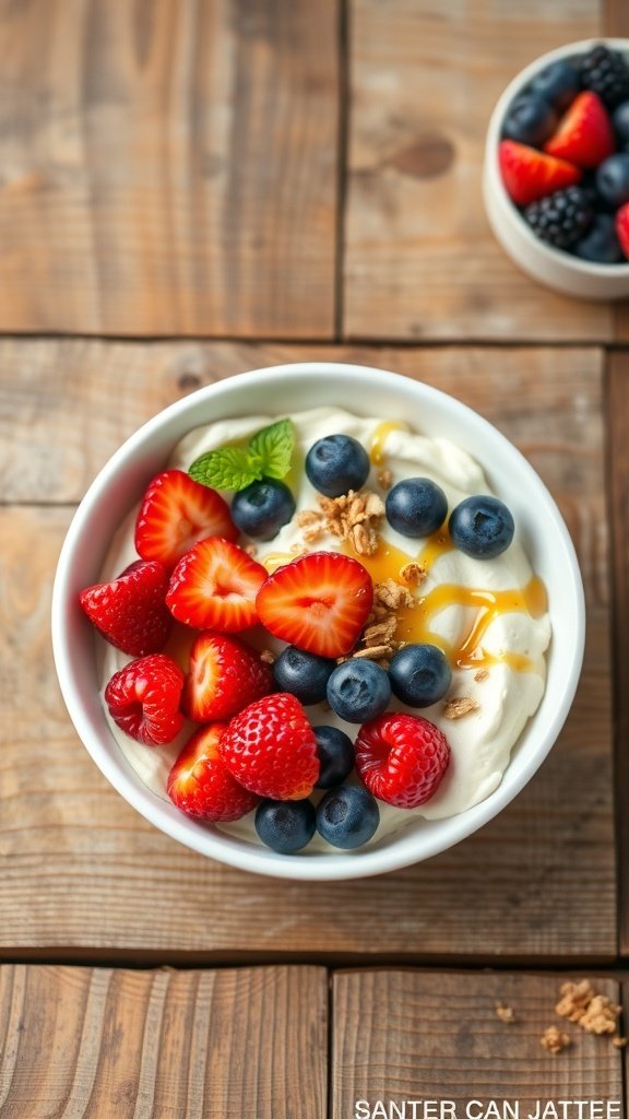 A bowl of cottage cheese topped with strawberries, blueberries, and honey on a wooden table.