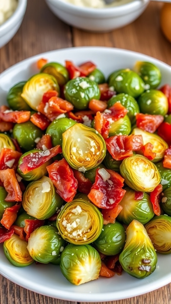 Crispy Bacon and Brussels Sprouts Recipe Roasted Brussels sprouts with crispy bacon and Parmesan cheese on a rustic wooden table.
