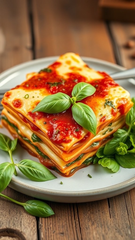 A delicious slice of cottage cheese and spinach lasagna topped with fresh basil on a plate.