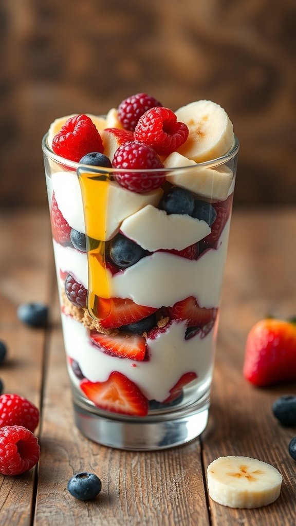 A glass of cottage cheese layered with strawberries, blueberries, raspberries, and banana slices.