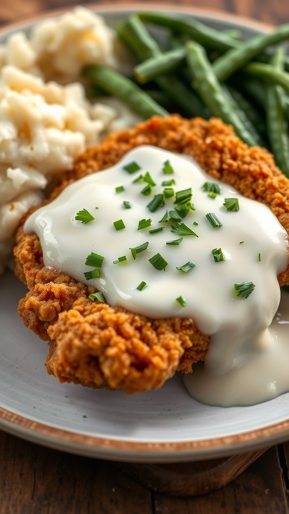 Crispy chicken fried steak with cream gravy, served with mashed potatoes and green beans on a rustic table.