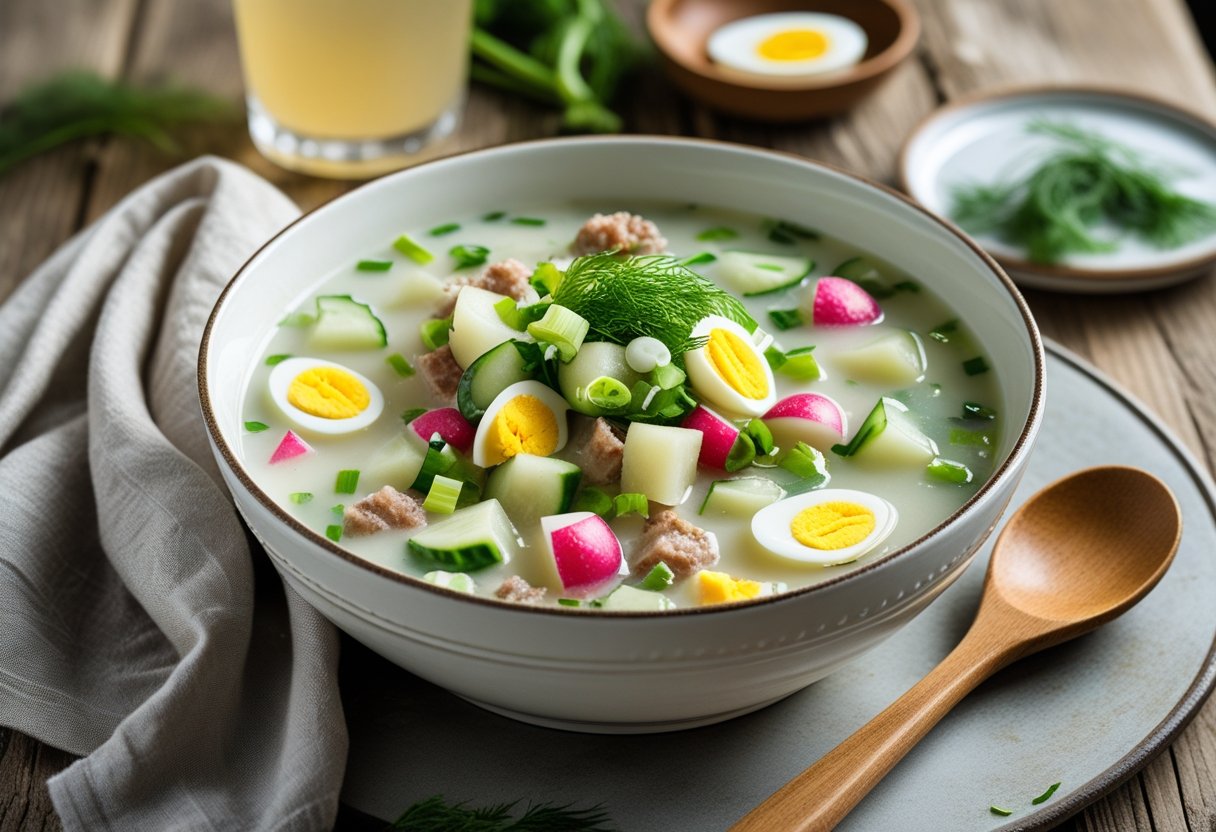 A bowl of Okroshka cold soup with diced vegetables, eggs, and meat on a wooden table with a glass of kvass and fresh herbs nearby.
