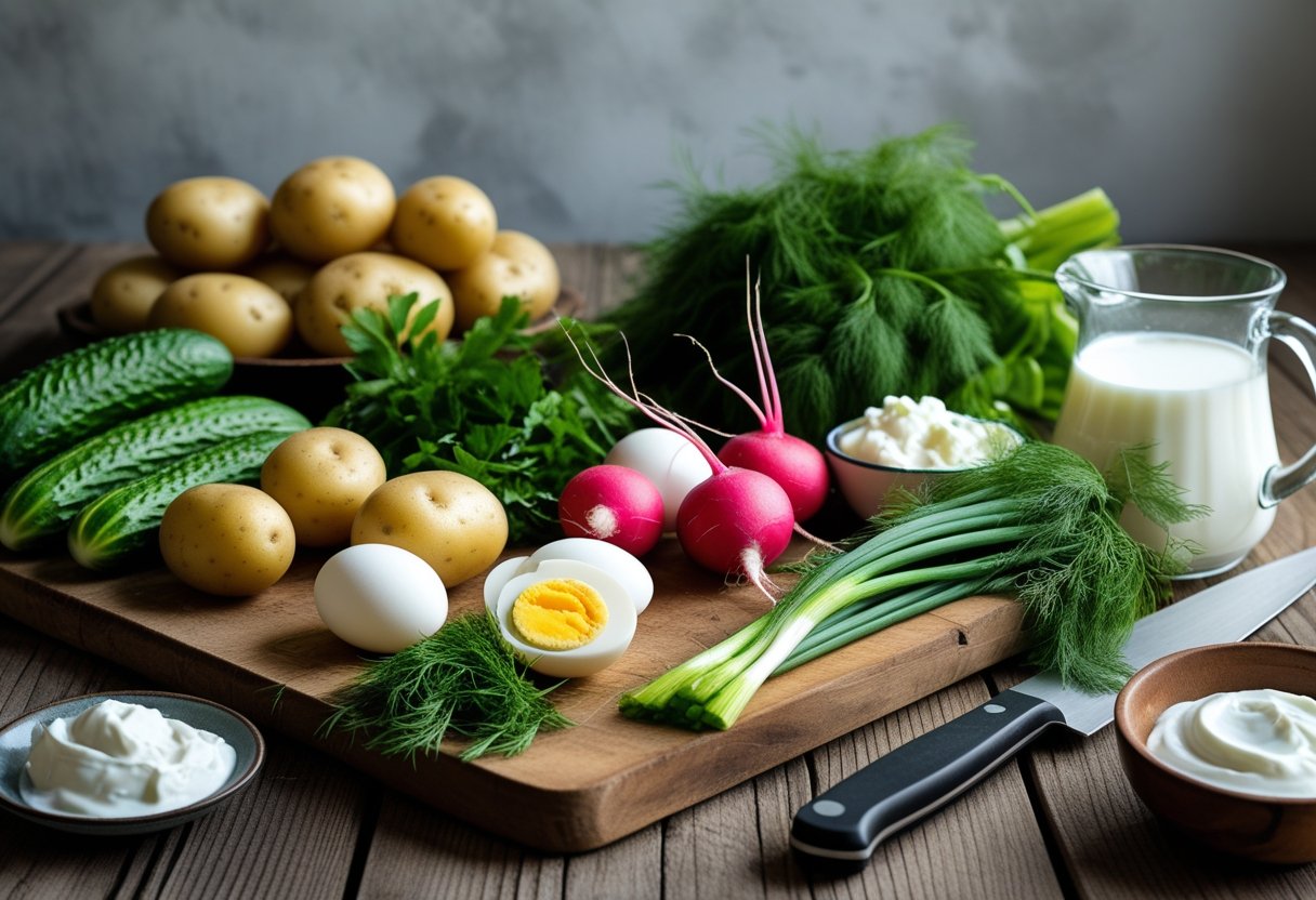 Fresh ingredients for Okroshka arranged on a wooden table, including cucumbers, potatoes, eggs, radishes, ham, green onions, dill, and a glass pitcher of kefir.