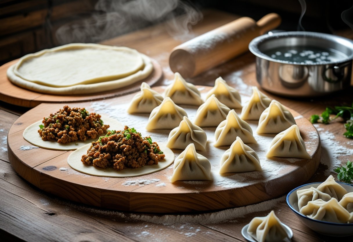 A kitchen table with dough, meat filling, and folded pelmeni dumplings ready to be cooked.