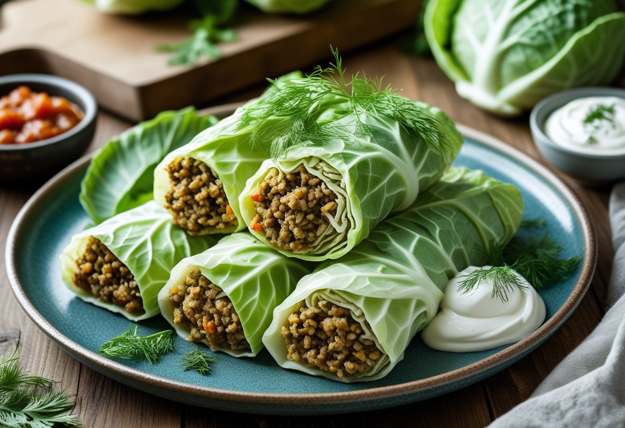 A plate of stuffed cabbage rolls with rice and meat filling, garnished with dill and sour cream on a wooden table.