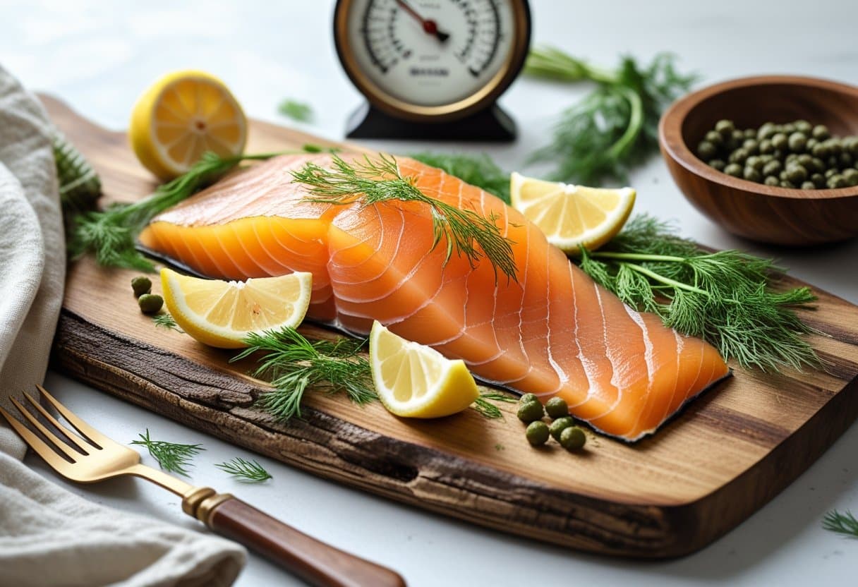 A sliced smoked salmon dish on a wooden board with lemon wedges, dill, capers, and a thermometer in the background.