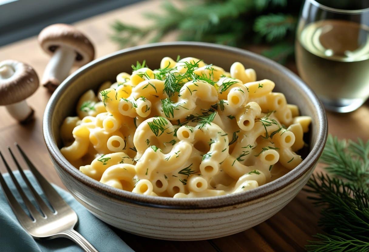 A bowl of creamy macaroni and cheese garnished with fresh herbs on a wooden table with mushrooms and a glass of white wine nearby.