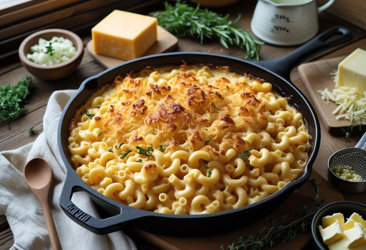 A skillet of baked macaroni and cheese on a wooden table surrounded by ingredients and kitchen tools.