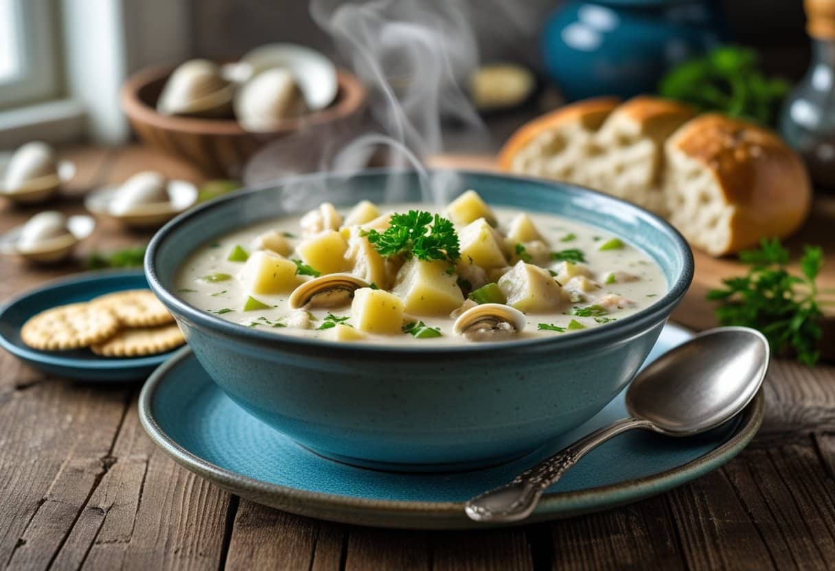 A bowl of creamy clam chowder with clams and potatoes on a wooden table, accompanied by oyster crackers and a spoon.